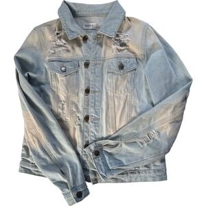 MONO B Women's Distressed Denim Jacket Medium Light Wash Bronze Buttons‎ Grunge